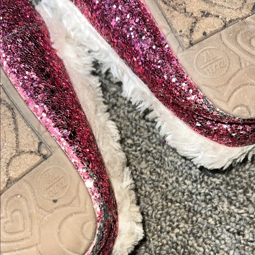 Pink Glitter Moccasin Slippers with Faux Fur Lining